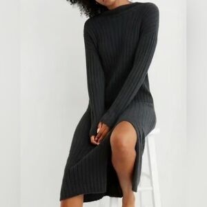 Aerie Ribbed Long Sleeve Soft Fitted Sweater Dress in Dark Gray Size Large NWT